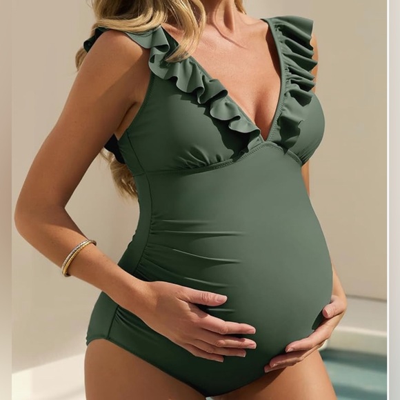 NWT Green Ruffle Maternity Swimsuit Large One Piece V-Neck Pregnancy Bathing Sui - Picture 1 of 12